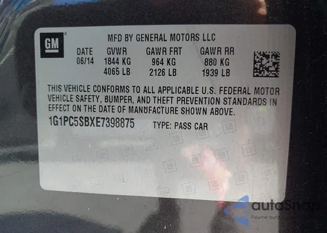 2014 Chevrolet Cruze 1Lt Auto from USA, damaged, VIN 1G1PC5SBXE7398875